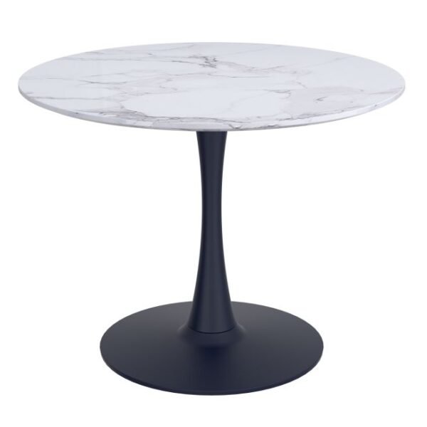 Zilo Round Pedestal Dining Table, 40" in White Faux Marble and Black